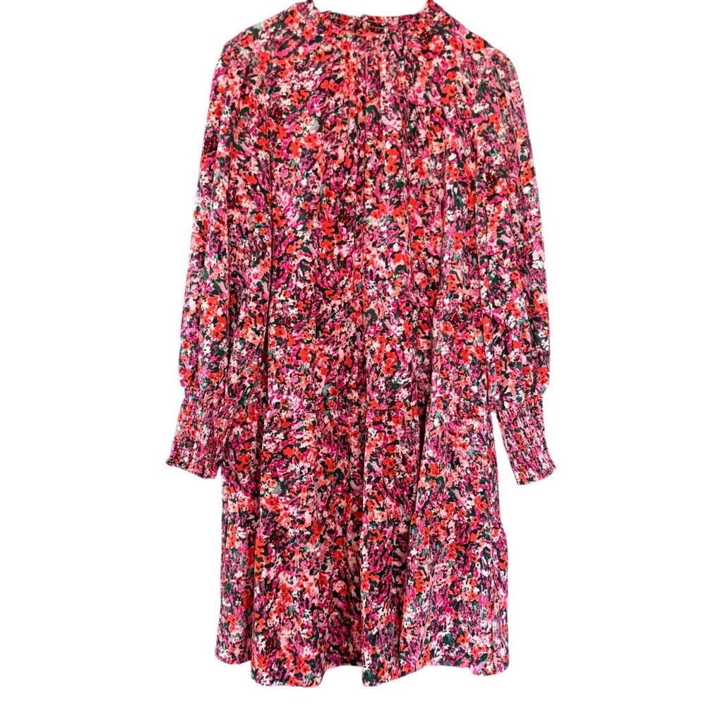 MAIA Pink Floral Tiered Smocked Long Sleeve Mock Neck Dress Sz 16 Cottage Spring